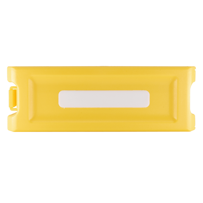 Yellow plastic Plano EDGE Hook Retainer designed to secure fishing hooks inside tackle boxes, featuring a white label area on the front.
