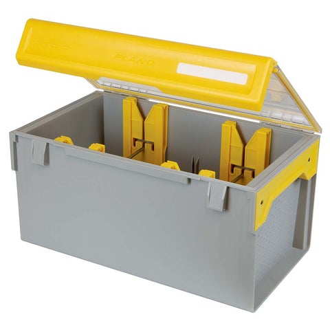 Plano EDGE Line Management 3700 XL Box is a large, gray and yellow tackle storage box with an open lid and internal compartments designed for efficient fishing tackle organization.