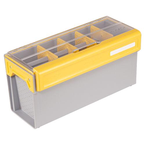 Plano EDGE Master Spinnerbait Box in gray with a yellow latch and clear top, featuring multiple compartments for organized fishing tackle storage.