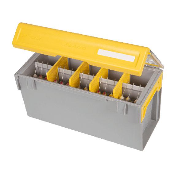 Plano EDGE Master Spinnerbait Box with a yellow hinged lid and multiple internal compartments designed for organized storage of fishing tackle and spinnerbaits.