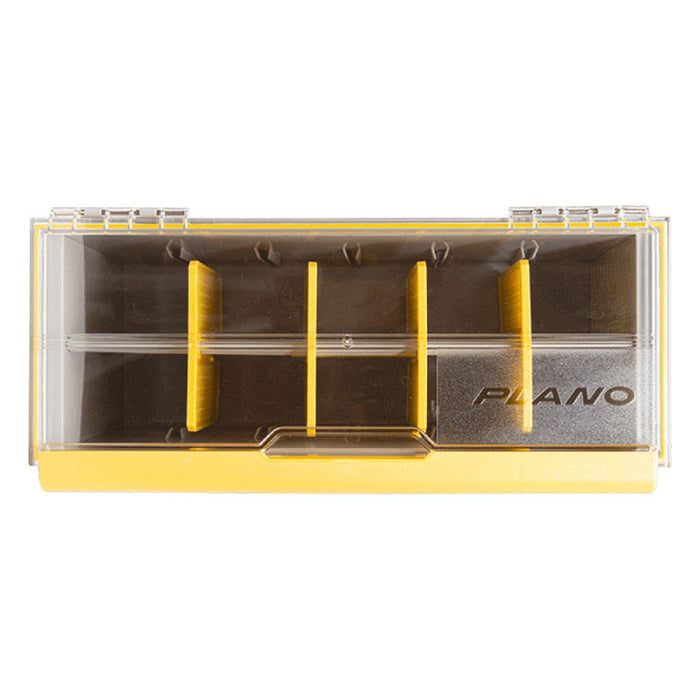 Plano EDGE Master Spinnerbait Box with clear lid and yellow compartment dividers for organizing fishing tackle and spinnerbait lures efficiently.