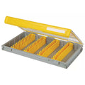 Plano EDGE V Jig Spy 3700 Box, a durable gray and yellow fishing tackle storage box with adjustable compartments and a clear lid for organizing fishing lures and tackle.