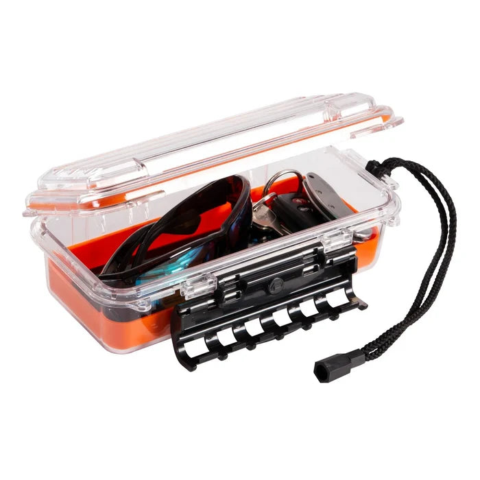 Plano Guide Series - 3500 Waterproof Case in clear durable plastic with orange base, open to show protective storage for sunglasses and fishing accessories with secure latch and black cord.