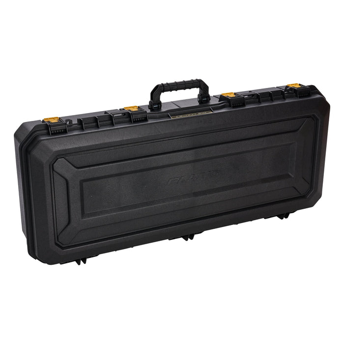 Plano Ice Hunter 44" Ice Combo Case shown closed, black durable hard plastic with secure yellow latches and a sturdy carrying handle designed for fishing tackle organization and protection.