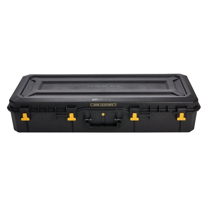 Plano Ice Hunter 44" Ice Combo Case is a durable black storage box with yellow latches and a sturdy handle, designed for organizing and protecting fishing tackle and gear.