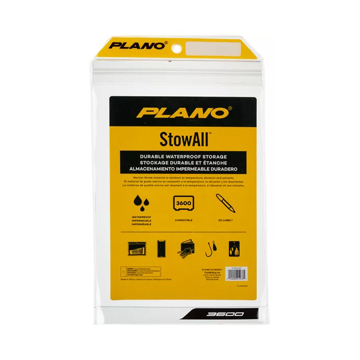 Clear plastic Plano StowAll Utility Bag with yellow and black label highlighting durable waterproof storage features, zipper seal, and brand logo at the top.