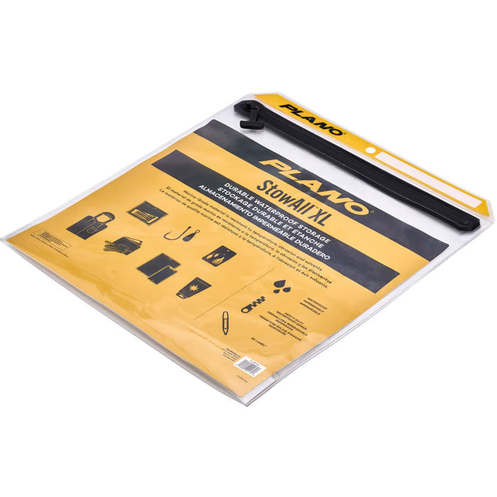 Plano StowAll Utility Bag shown flat with durable, waterproof clear plastic material and a black sealing zipper, designed for protecting fishing tackle and small gear.