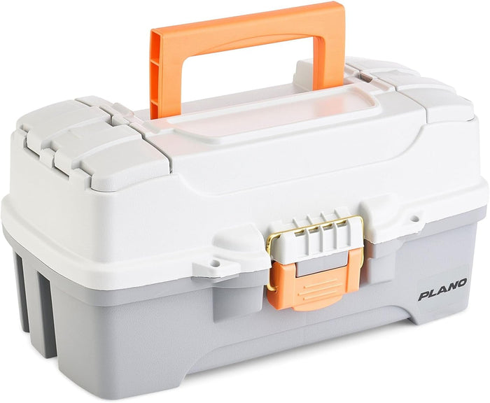 Portable Plano Tray Tackle Boxes in gray and white with an orange handle and latch, designed for organized fishing tackle storage and easy transport.