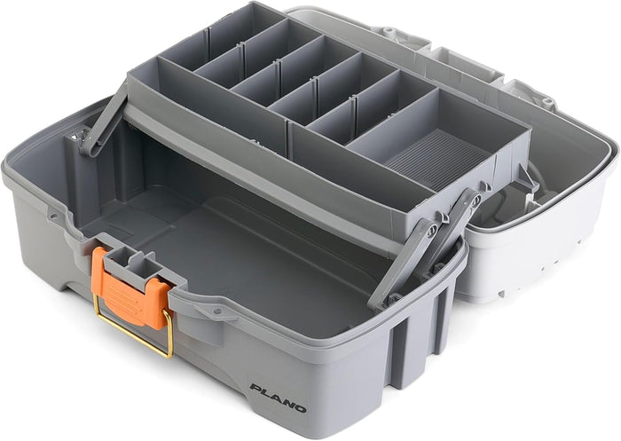 Open gray plastic Plano Tray Tackle Boxes with multiple adjustable compartments for organizing fishing tackle and lures, featuring an orange latch and sturdy handle.