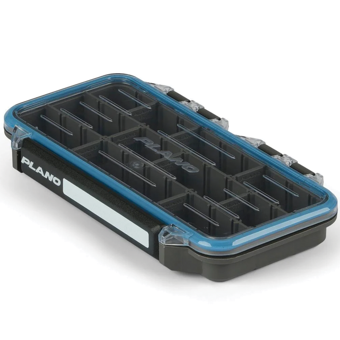 Plano Waterproof Stowaway Boxes with clear lid and secure clasps, featuring multiple compartments for organized fishing tackle storage, ideal for musky and fly fishing gear.