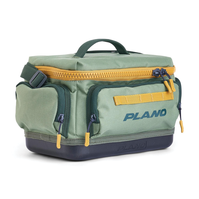 Plano Weekend Tackle Bag in moss green with multiple zippered compartments, durable base, and padded handle, designed for organized fishing tackle storage and easy transport.