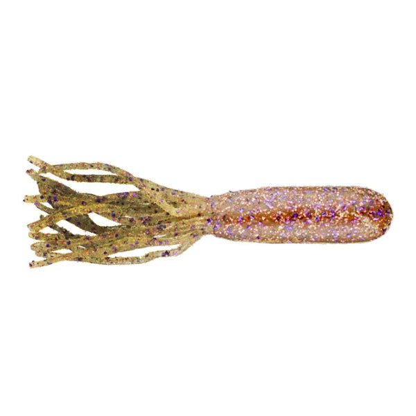 Poor Boys Baits 4" Tube soft fishing lure in translucent brown with purple and gold glitter, featuring multiple tentacle-like appendages for lifelike movement.