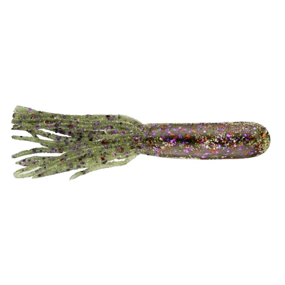 Poor Boys Baits 4" Tube fishing lure in green with purple and orange glitter flakes, designed for use as fishing tackle in musky and other freshwater fishing.