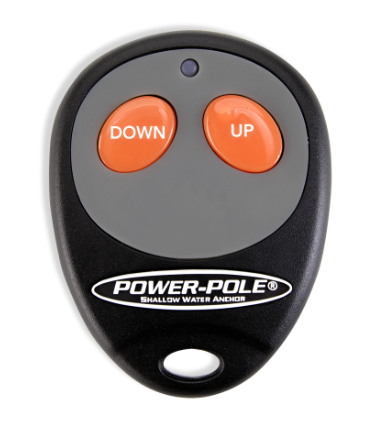 Power-Pole Remote Control Transmitter Fob- CM2 SKU:CM2-KF-std-PP with black casing, two orange buttons labeled "DOWN" and "UP," used for controlling a shallow water anchor.