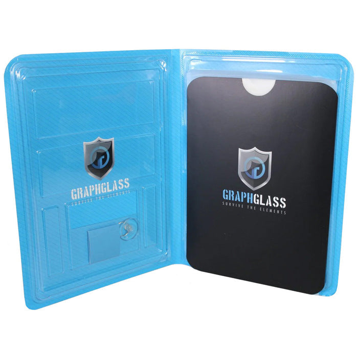 Blue protective case holding a black Precision Sonar Clear Graph Glass screen protector panel with a logo on both pieces, designed for marine electronics in fishing tackle use.