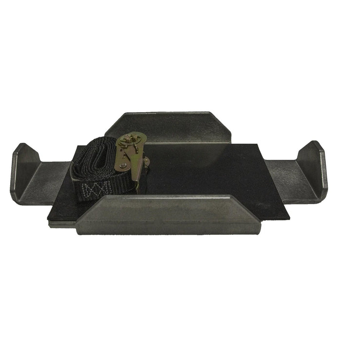Precision Sonar Precision Power Aluminum Battery Tray in black with a durable strap and metal fastening buckle, designed to securely hold marine electronics batteries for fishing applications.