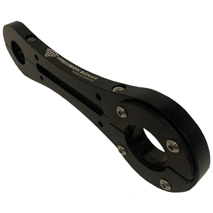 Precision Sonar Stabilizer Bracket for Humminbird 360 on Minn Kota Ultrex, black durable metal bracket with mounting holes and engraved branding for marine electronics stability.