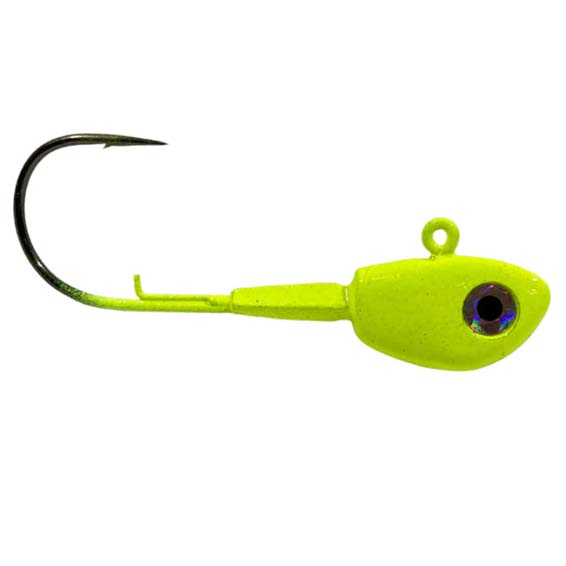 Pulse Fish Lures Swimbait Head in bright yellow-green with a single sharp black hook, realistic eye detail, and a streamlined shape designed for fishing tackle use.