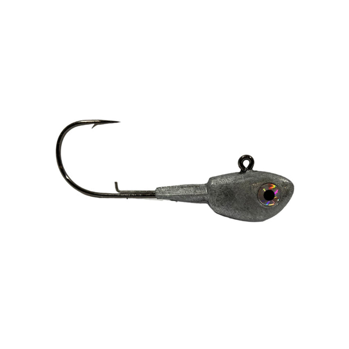 Pulse Fish Lures Swimbait Head featuring a metallic gray weighted head with a large eye detail and a sharp curved fishing hook designed for effective fishing tackle use.