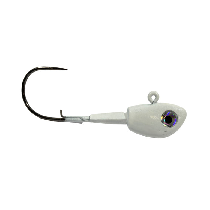 Pulse Fish Lures Swimbait Head featuring a white painted, weighted jig head with a large reflective eye and a sharp single hook, designed for fishing tackle applications.