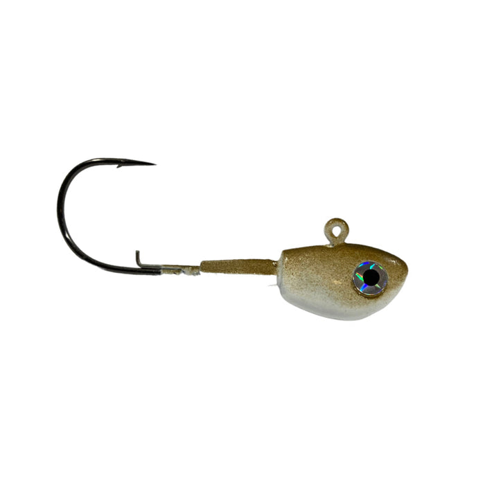 Pulse Fish Lures Swimbait Head featuring a metallic gold fish-shaped head with a realistic holographic eye and a sharp black hook, designed for fishing tackle use.