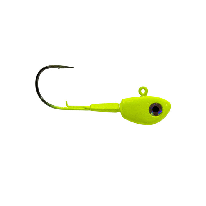Pulse Fish Lures Swimbait Head in bright chartreuse color with a realistic eye and sharp fishing hook, designed for effective fishing tackle use.