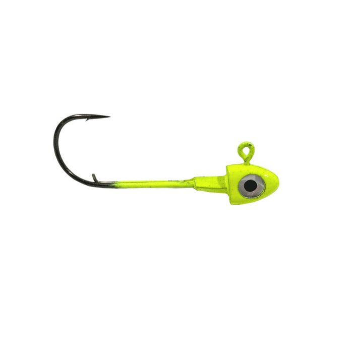 Pulse Fish Lures Swimbait Head features a bright yellow lightweight head with a realistic black and white eye, attached to a sharp black fishing hook designed for effective fishing tackle use.