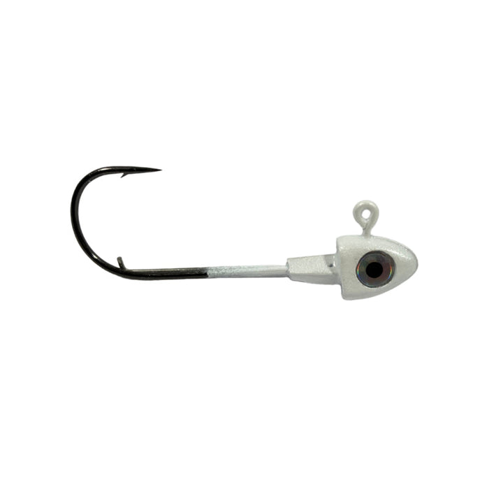 Pulse Fish Lures Swimbait Head in pearl white, featuring a sharp hook and realistic eye designed for effective fishing tackle use.