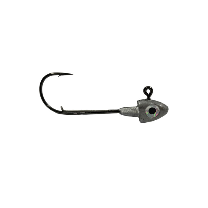 Pulse Fish Lures Swimbait Head featuring a metallic grey fish-shaped head with a realistic eye and a sharp black fishing hook, designed for effective fishing tackle use.
