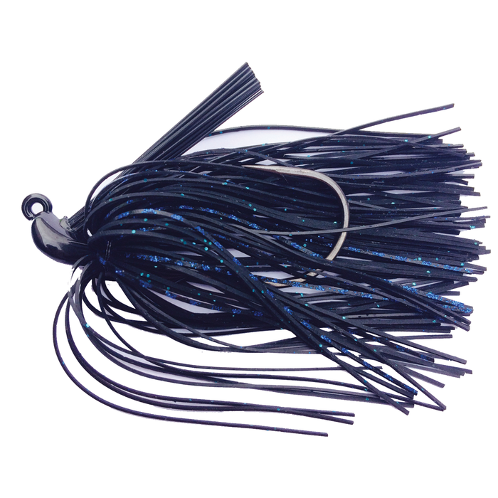 Queen Tackle Tungsten Flipping Jig fishing lure with black skirt and blue flecks, designed for musky and ice fishing tackle applications.