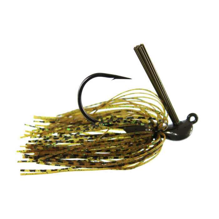 Queen Tackle Tungsten Flipping Jig with a sharp black hook, dark weighted head, and a skirt made of green and yellow striped flexible strands for fishing tackle.
