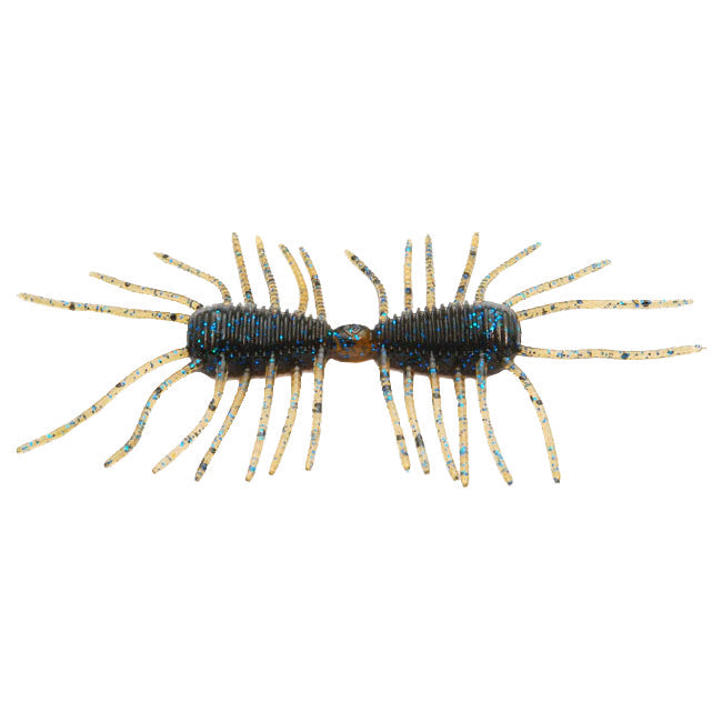 RAID Japan Little 2Way fishing lure in dark cinnamon and blue flake colors, featuring segmented body and multiple flexible appendages designed for lifelike movement in water.
