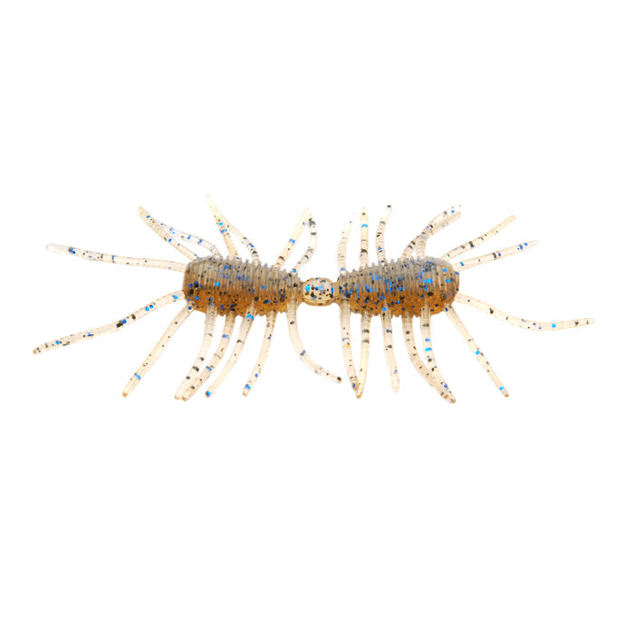 RAID Japan Micro 2Way fishing lure designed to mimic a small aquatic creature with segmented body and multiple translucent legs, featuring blue speckles for added realism.