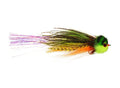 Close-up of Rainy's El Chupacabra 4/0 fishing lure featuring a green and black fuzzy head with red eyes, olive and orange synthetic fibers, and a long shimmering tail for musky fishing.