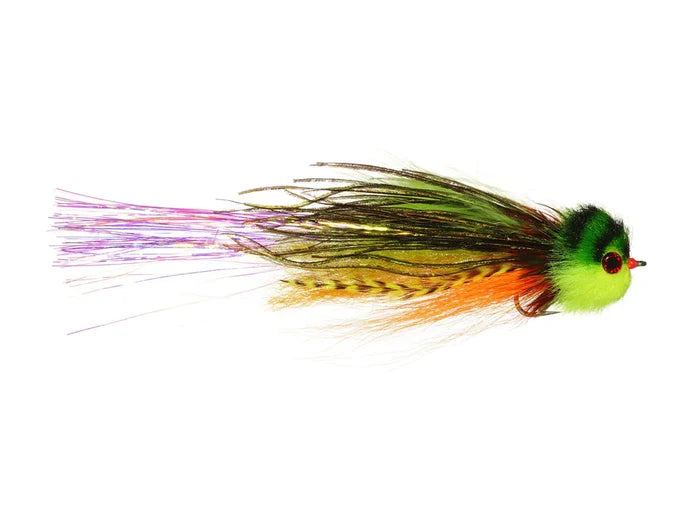 Close-up of Rainy's El Chupacabra 4/0 fishing lure featuring a green and black fuzzy head with red eyes, olive and orange synthetic fibers, and a long shimmering tail for musky fishing.