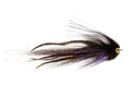 Rainy's Girl Next Door 6/0 fishing lure featuring black and purple fibers with feather accents designed for musky fishing tackle.