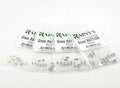 Clear plastic packages of Rainy's Glass Rattles in various sizes, small cylindrical fishing tackle components used to create noise in fishing lures for enhanced attraction.