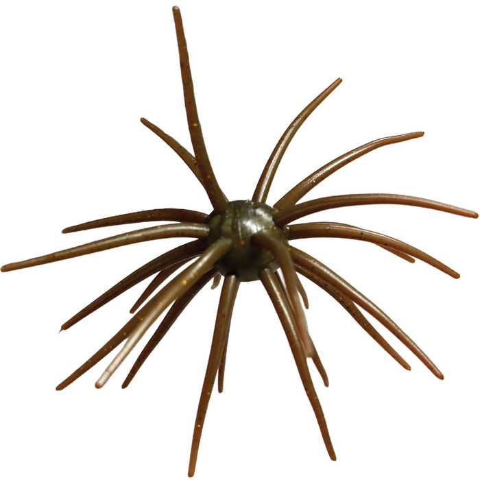 Randamu Lures Fuzzy Ballz fishing lure with multiple flexible brown rubber strands radiating from a central weighted core, designed for effective musky fishing tackle.