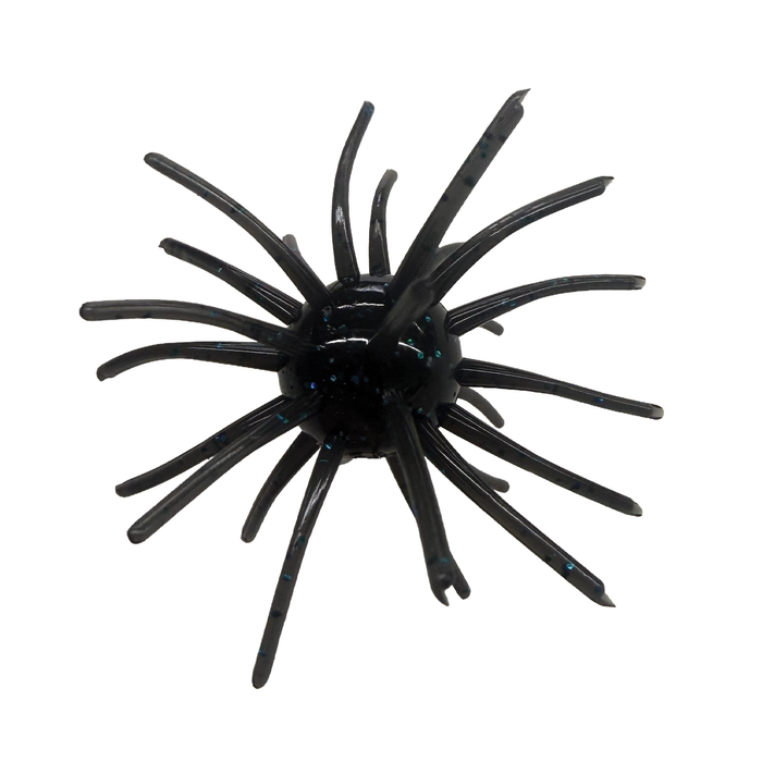 Randamu Lures Fuzzy Ball Mini fishing lure in black with blue flecks, featuring multiple thin, flexible appendages radiating from a central rounded body designed for attracting fish.