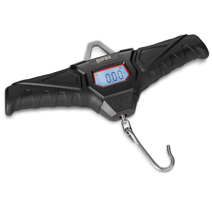 Rapala 100lb. Digital Scale with ergonomic black handles, digital display for precise weight measurement, and sturdy metal hook for weighing fishing tackle and catches.
