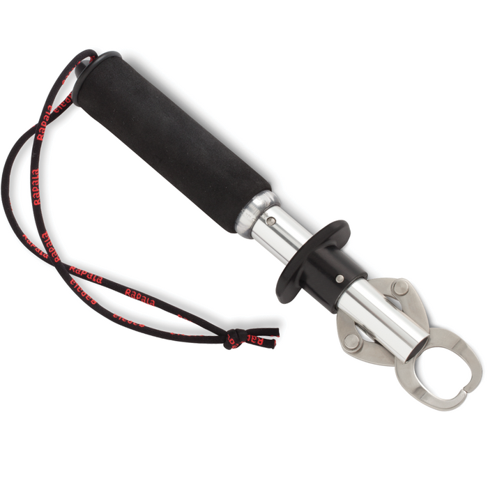 Rapala 50lb. Mechanical Scale/Fish Gripper with black foam handle, stainless steel body, and a wrist strap for secure grip, designed for fishing tackle use.