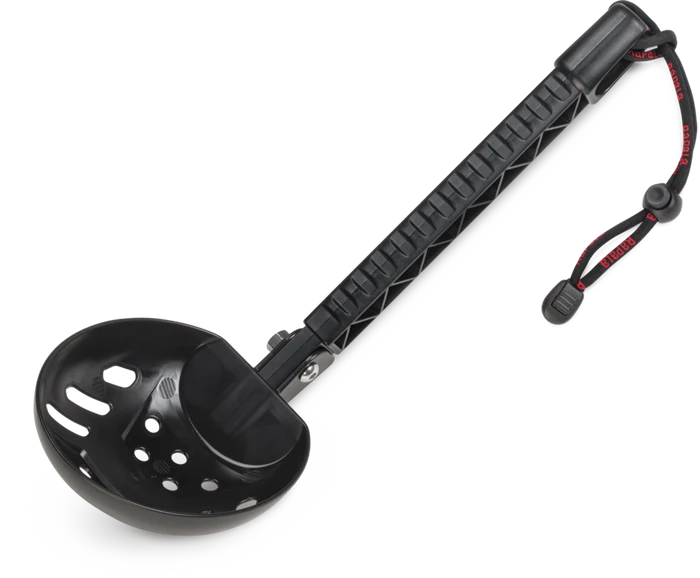 Rapala Compact Mega Scoop fishing tackle tool with a black ergonomic handle and wide scoop head featuring drainage holes and a lanyard for secure handling.