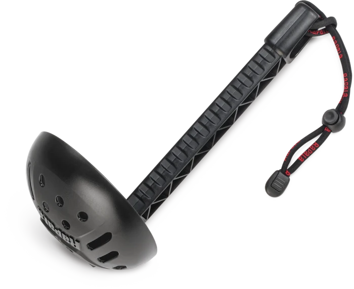 Rapala Compact Mega Scoop in black with ergonomic handle and adjustable wrist strap, designed for efficient ice fishing and musky tackle preparation.