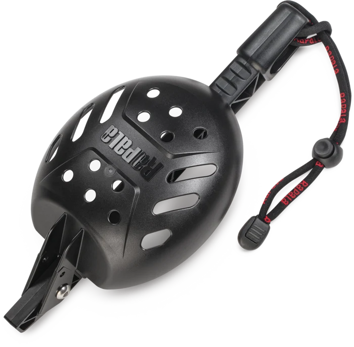 Rapala Compact Mega Scoop, a black durable fishing scoop with ventilation holes, ergonomic handle, and adjustable wrist strap for easy ice fishing tackle management.