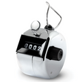 Rapala Fish Counter handheld mechanical tally counter made of polished metal with black numeric display, a thumb button on top, and a side reset knob.