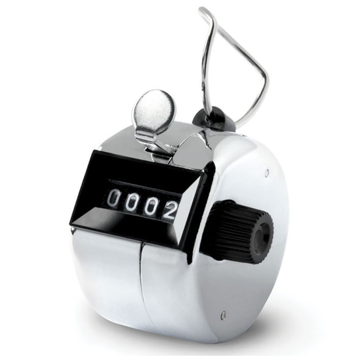 Rapala Fish Counter handheld mechanical tally counter made of polished metal with black numeric display, a thumb button on top, and a side reset knob.