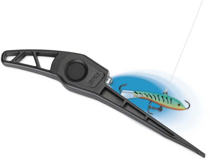 Rapala Glow Pick 6" ice fishing lure in green and blue with black stripes, shown inside a black plastic holder, designed for easy handling and fishing tackle use.