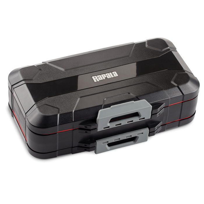 Rapala Lure Box with durable black plastic construction, dual gray latches for secure closure, and compact design ideal for organizing fishing tackle and lures.