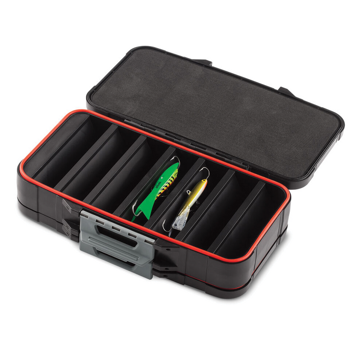 Open Rapala Lure Box showing multiple compartments with two colorful fishing lures inside, designed for organizing fishing tackle efficiently.