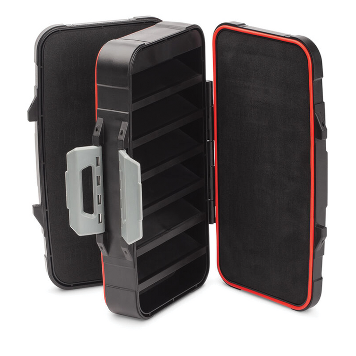 Rapala Lure Box with multiple adjustable compartments, black and red durable plastic construction, designed for organizing fishing lures and tackle.